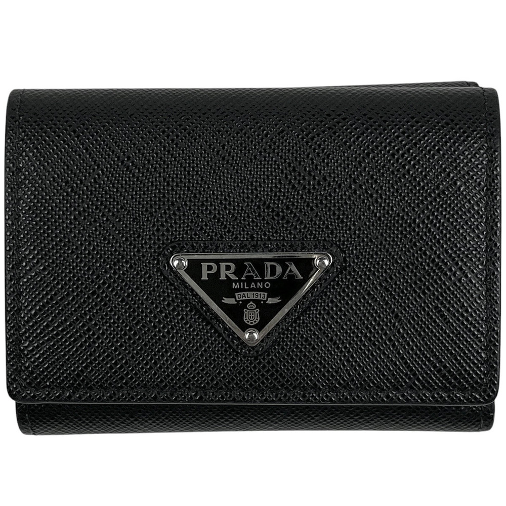 Prada Plate Tri fold Wallet Billfold Coin Saffiano Leather Nero Black